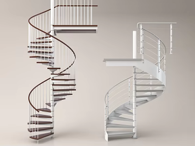 Spiral Staircase Design With Brown And White Wooden Steps And Metal Railings 3d model