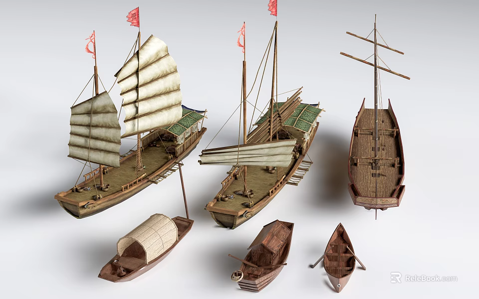 Traditional Wooden Sailing Boat Models With Various Sizes And Detailed Features 3d model 