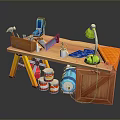 Functional Workbench with Tools Green Lamp Paint Cans Wooden Crate and Blue Mat
