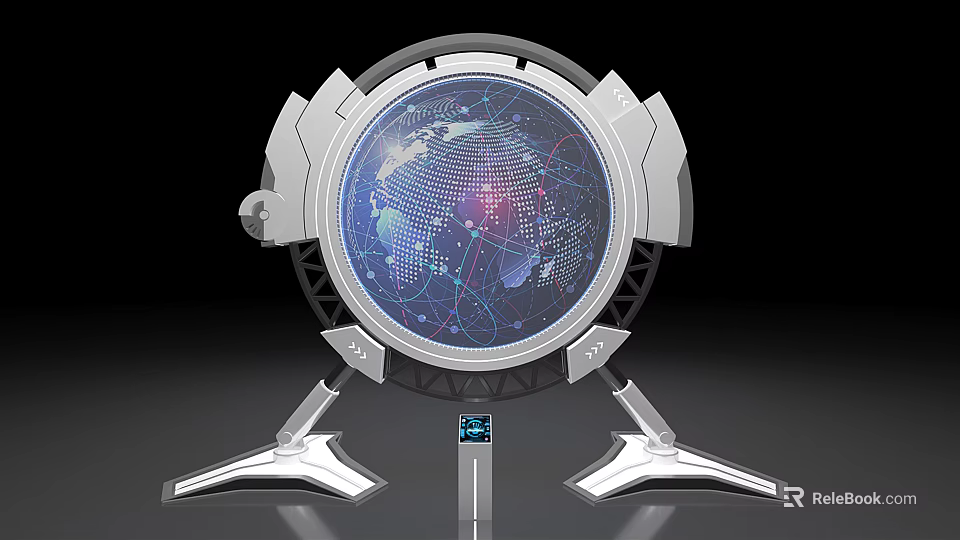 High Tech Computer Display Featuring Globe Projection Network Lines Metallic Stand And Small Base Screen 3d model 