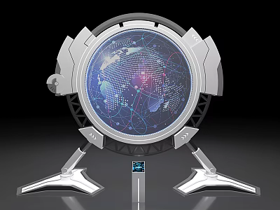 High Tech Computer Display Featuring Globe Projection Network Lines Metallic Stand And Small Base Screen 3d model