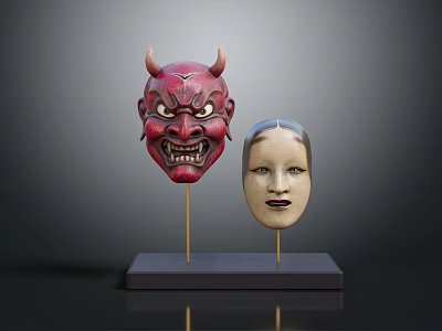 Red Demon And Light Colored Human Face Costume Masks On Black Base With Golden Stands 3d model