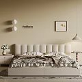 Modern Double Bed with Beige Wall Headboard Bedspread Nightstand Vase Pendant Light and Decorative Painting
