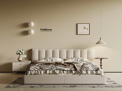 Modern Double Bed with Beige Wall Headboard Bedspread Nightstand Vase Pendant Light and Decorative Painting 3d model