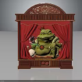 Green Frog Puppet On Red Curtain Stage With Decorative Wooden Theater Frame