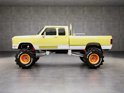 Yellow And White Custom Truck With Large Off Road Tires Orange Rims In Gray Studio 3d model