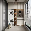 Home Balcony Laundry Space With Stacked Washer Dryer Storage Cabinets Window Blinds And Small Plants