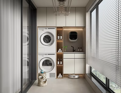 Home Balcony Laundry Space With Stacked Washer Dryer Storage Cabinets Window Blinds And Small Plants 3d model