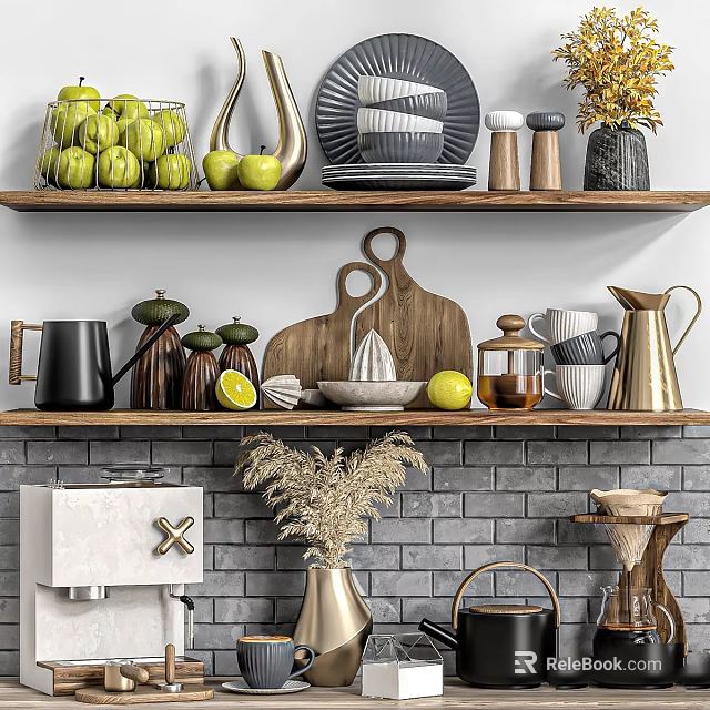 Elegant Decorative Ornaments Set with Fruits Cutting Board Ceramic Plates and Vases on Shelves 3d model 