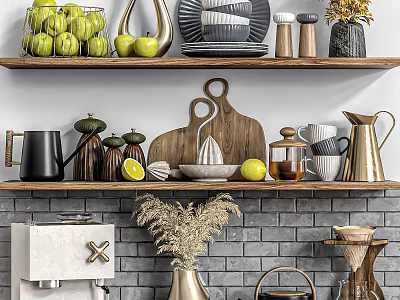 Elegant Decorative Ornaments Set with Fruits Cutting Board Ceramic Plates and Vases on Shelves 3d model