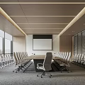 Modern Conference Room With Long Table Projection Screen Large Windows And Wooden Walls