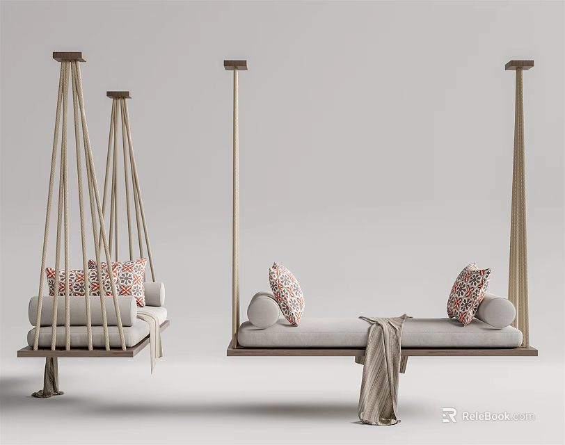 Modern Wooden Hanging Chairs with Rope Suspension Decorative Pillows and Cozy Blanket 3d model 
