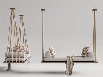 Modern Wooden Hanging Chairs with Rope Suspension Decorative Pillows and Cozy Blanket 3d model