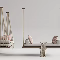 Modern Wooden Hanging Chairs with Rope Suspension Decorative Pillows and Cozy Blanket
