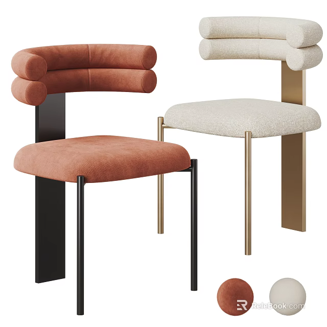 Upholstered Modern Dining Chairs With Curved Backrest And Metal Legs In Orange And Beige Tones 3d model 