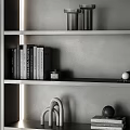 Modern Decorative Items Set Display On Grey Bookshelf With Books And Soft Lighting 3d model