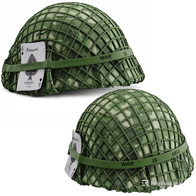 Military Helmets With Green Netting Camouflage And Ace Of Spades 3d model 