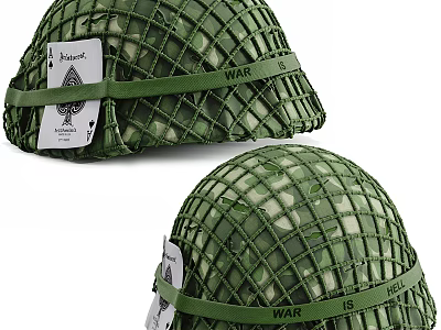 Military Helmets With Green Netting Camouflage And Ace Of Spades 3d model
