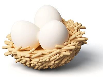 Three White Eggs Placed In Natural Straw Nest For Simple Kitchen Decor 3d model