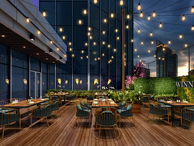 Elegant Outdoor Restaurant Dining Space With Wooden Deck String Lights And Green Hedge Wall 3d model