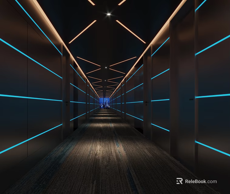 Modern Hotel Corridor With Dark Blue Walls Blue Linear Lighting Dark Carpet And End Lighting 3d model 