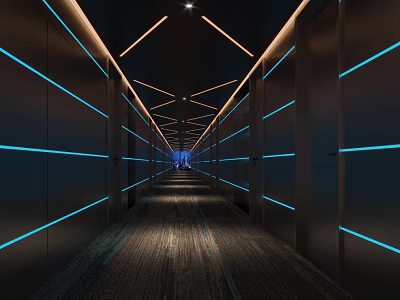 Modern Hotel Corridor With Dark Blue Walls Blue Linear Lighting Dark Carpet And End Lighting 3d model