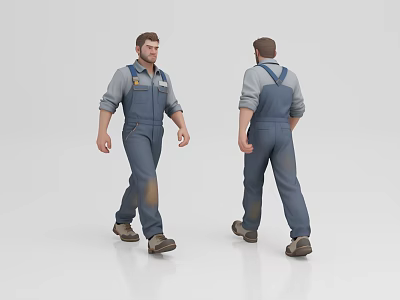 Men In Blue Overalls Gray Shirts With Worn Marks Front Back Views On Gray Background 3d model