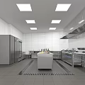Commercial Kitchen With Stainless Steel Equipment White Tiled Walls Square Ceiling Lights And Central Worktable