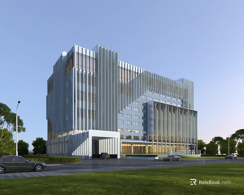 Aerial Planning of Modern Building with Metal Facade Lawn and Vehicles 3d model 