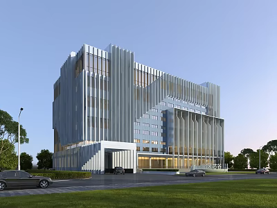 Aerial Planning of Modern Building with Metal Facade Lawn and Vehicles 3d model