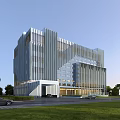 Aerial Planning of Modern Building with Metal Facade Lawn and Vehicles