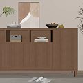 Natural Wood Entryway Cabinet Sideboard With Decorative Plants Framed Art And Books