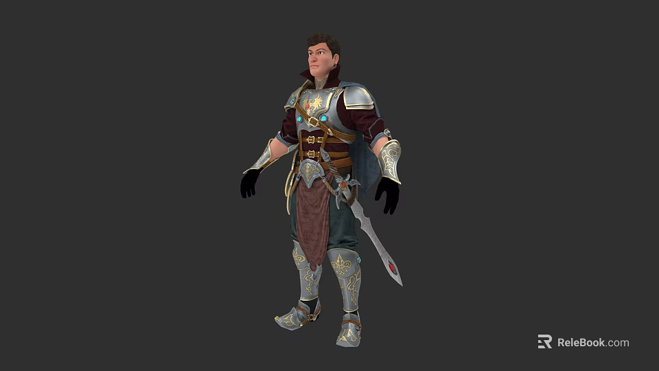 Game and Movie Character in Intricate Metal Armor Holding Sword with Leather Details 3d model 
