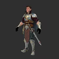 Game and Movie Character in Intricate Metal Armor Holding Sword with Leather Details
