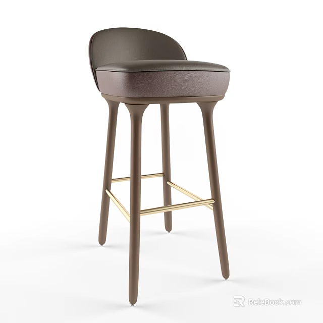 Modern Bar Stool With Brown Leather Seat And Wooden Legs Design 3d model 