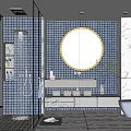 Modern Bathroom Interior With Blue Tiles Round Mirror Marble Vanity Shower And Bathtub