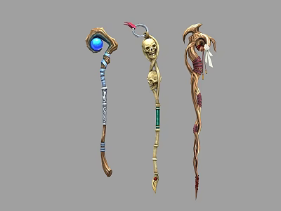 Decorative Fantasy Staff Weapons With Blue Gem Skull Head And Feather Designs 3d model