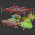 Outdoor Canopy Structure With Four Posts Stone Bench Purple Flowers And Green Plants