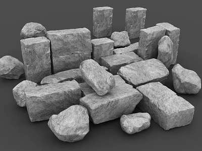 Gray Stone Blocks and Wooden Pieces Piled for Construction Projects 3d model