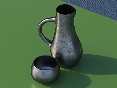 Elegant Metallic Tea Set Featuring Jug and Small Cup on Green Background 3d model