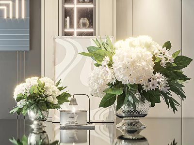 Elegant White Flowers in Glass Vases with Decorative Lantern for Modern Interior Design 3d model