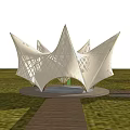 Modern Star Shaped Pergola With Tensile Membrane Surrounded By Green Fields And Wooden Walkway