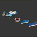 Outdoor Furniture Collection Featuring Blue Chairs Table Umbrella Fire Pit And Loungers