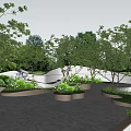 Serene Park Landscape With Lush Trees Circular Flower Beds And Paved Ground