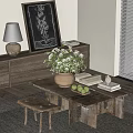 Rustic Wooden Tea Table and Stools with Vase Flowers Fruits Books in Cozy Natural Interior