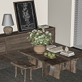 The combination of old wooden table and stool 3d model