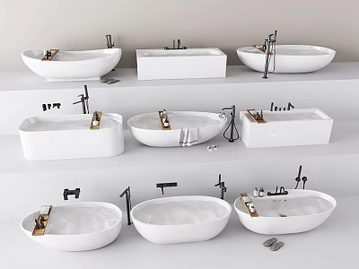Modern Bathtubs in Various Styles with Faucets and Accessories on Display Shelves 3d model
