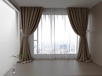 Brown Curtains with Double Layer Sheer White in Room Showing City View and Green Plant 3d model