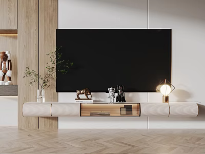 Modern Minimalist Wall-Mounted Light Wood TV Stand With Decorative Statues Vase And Lamp 3d model