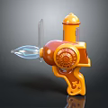 Orange And Brown Toy Gun Design With Transparent Barrel Circular Dial And Yellow Top